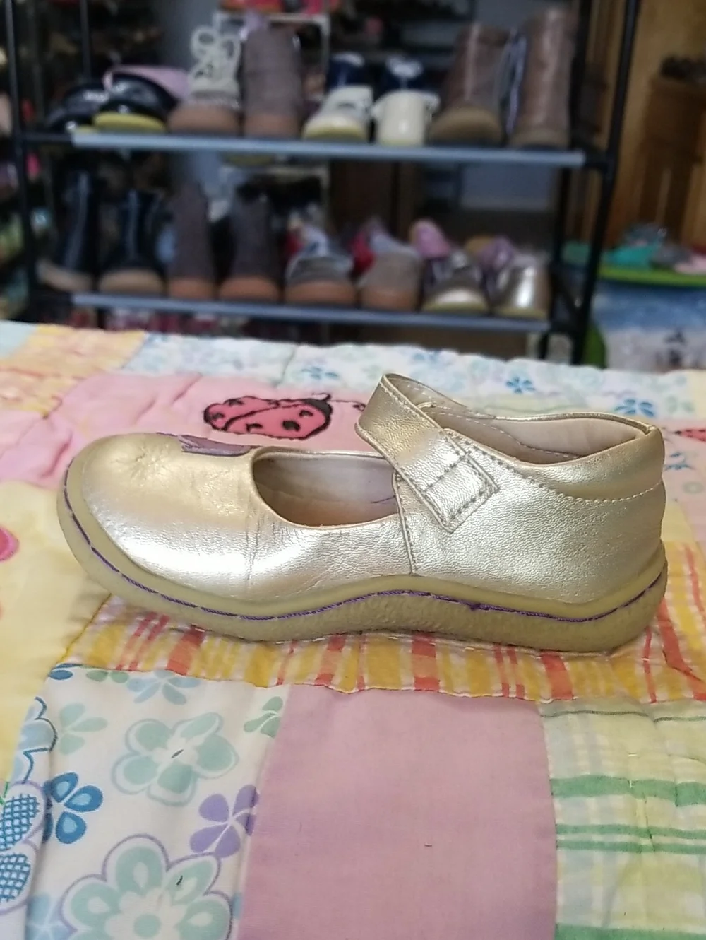 Livie & Luca Metallic Leather Mary Janes with Purple Leather Bird Size 8 Pio Pio